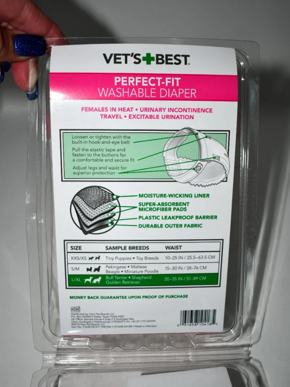 Vet's Best Perfect Fit Washable Female Dog Diaper, L/XL, Black, 20-35